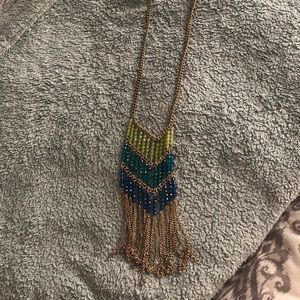 Green, blue & gold fringe necklace